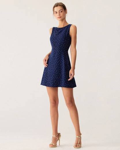 Blue Polka Dot Sleeveless Cut Out Mini Dress