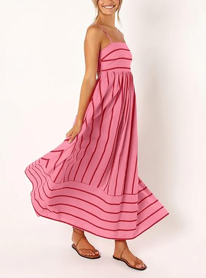 Robe maxi pour femme à rayures, dos plissé, bretelles fines sexy, design ajouré et fluide