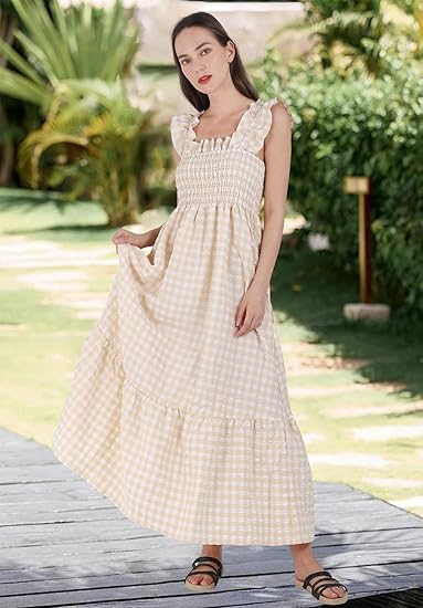 Robe longue pour femme, style rétro à carreaux, smockée, bretelles spaghetti et volant