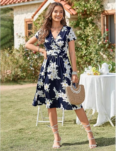 Vestido de verano para mujer, corto, manga corta, cuello en V, estampado floral y con bolsillos
