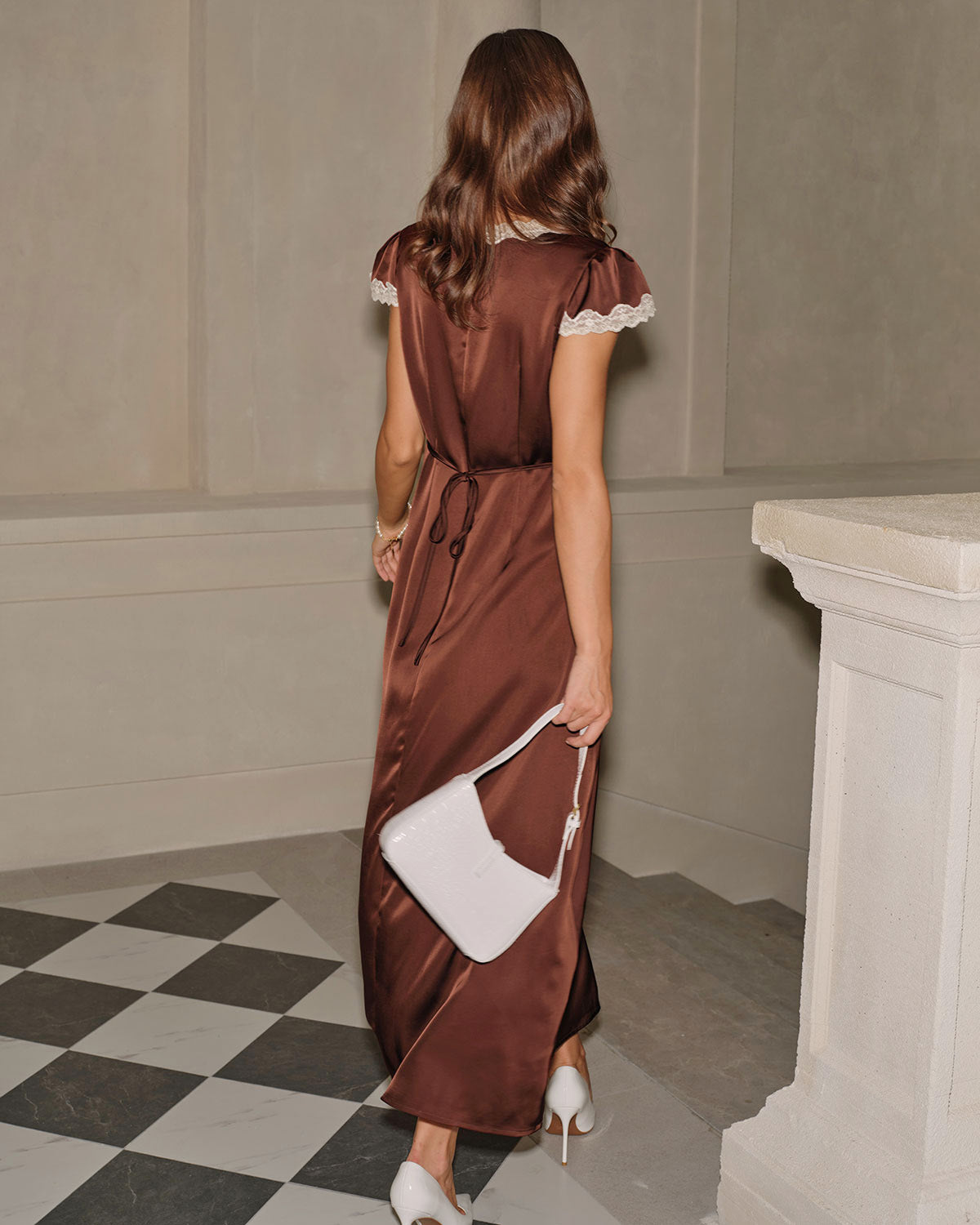 Brown Satin V Neck Lace Maxi Dress